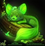  2018 ambiguous_gender bioluminescence black_background black_eyes branch canine cryptid-creations feral fox fur glowing glowing_fur green_fur humor mammal mushroom night pun simple_background solo wood 