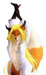  anthro breasts canine clothed clothing female fox mammal nipples one_eye_closed open_shirt pussy solo standing stretching tongue tongue_out trinanya 