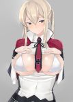  absurdres blonde_hair blue_eyes blush bra breasts breasts_outside graf_zeppelin_(kantai_collection) grey_background hair_between_eyes hands_on_own_chest highres impossible_clothes iron_cross jacket jewelry kantai_collection large_breasts maruya1006 necktie open_clothes open_shirt ring sidelocks simple_background solo twintails underwear uniform upper_body wedding_band white_bra 