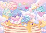  :3 ass blue_bow blue_hair blue_legwear blue_shirt blueberry bow candy carrot checkerboard_cookie cloud colorful cookie crown cupcake double_bun eyebrows_visible_through_hair flower food fruit full_body hair_bow ice_cream inoue_takako konpeitou lollipop long_hair lying macaron marshmallow mini_crown no_shoes on_stomach original pancake pillow pink_skirt polka_dot print_legwear purple_eyes shirt skirt solo star star_print striped striped_bow syrup thighhighs zettai_ryouiki 