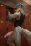 anthro balls big_penis bottomless canine chunie clothed clothing folf fox huge_penis humanoid_penis hybrid locker_room male mammal muscular penis solo teslawolfen wolf 