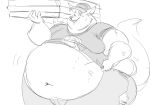  anthro belly belly_jiggle belly_overhang big_belly big_butt butt canine chubby_cheeks clothed clothing double_chin food fox hat huff huge_butt hyper hyper_belly jiggle love_handles male mammal monochrome moobs navel obese obese_male open_mouth open_smile overweight overweight_male pizza pizza_box simple_background smile solo standing sweat thick_thighs torn_clothing volkenfox white_background wide_hips 