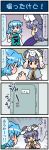  4koma animal animal_ears animal_on_head artist_self-insert blue_eyes blue_hair blush clenched_hands closed_eyes comic commentary door embarrassed emphasis_lines excited gradient gradient_background grey_hair heterochromia highres holding holding_umbrella jewelry juliet_sleeves kyubey long_sleeves mahou_shoujo_madoka_magica mizuki_hitoshi mouse_ears nazrin necklace on_head open_mouth puffy_sleeves red_eyes shawl short_hair sitting sitting_on_head sitting_on_person smile sweatdrop tatara_kogasa touhou translated umbrella vest 