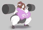  anthro big_breasts boosterpang bovine breasts cattle clothed clothing crouching exercise female hair huge_breasts hyper hyper_breasts makeup mammal mascara overweight smile solo weightlifting workout 
