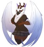 anthro antlers avian beak big_breasts bird breasts cleavage clothed clothing eagle eyewear feathered_wings feathers female glasses holding_breast horn looking_at_viewer one_eye_closed school_uniform solo suggestive thick_thighs trinanya uniform wide_hips wings wink 