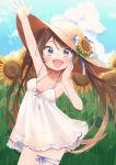  :d arm_up bikini bikini_under_clothes blue_eyes blue_ribbon blue_sky blush brown_hair cloud collarbone commentary day dress english_commentary fang field flower flower_field hand_to_own_mouth hat hat_flower highres kouhara_yuyu leg_ribbon long_hair moe2018 open_mouth original outdoors pink_bikini ribbon sky sleeveless sleeveless_dress smile solo sun_hat sunflower sunlight swimsuit twintails very_long_hair white_dress white_ribbon yellow_flower 