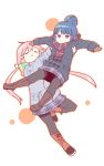  :&gt; =_= black_legwear blue_hair boots carrying closed_eyes coat hair_bun hair_ornament hairclip hetareeji highres jitome kagamihara_nadeshiko lifting_person long_hair low_twintails mittens multiple_girls orange_outline outline pantyhose pink_hair plaid plaid_skirt red_eyes scarf shima_rin simple_background skirt twintails yurucamp 