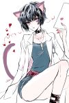  animal_ears belt black_hair cat_ears cat_tail choker collarbone commentary_request heart highres ilohasvio jewelry labcoat lipstick_mark looking_at_viewer nail_polish necklace persona persona_5 red_eyes short_hair simple_background sketch solo tail takemi_tae 