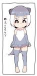  1girl absurdres animal_ears bare_shoulders black_border blush_stickers border brown_eyes chibi closed_mouth commentary_request eyebrows_visible_through_hair fingerless_gloves frilled_swimsuit frills gloves grey_gloves grey_hair grey_legwear grey_swimsuit hare_(tetterutei) highres kemono_friends multicolored_hair one-piece_swimsuit otter_ears otter_tail short_hair simple_background small-clawed_otter_(kemono_friends) smile solo standing swimsuit tail thighhighs translation_request two-tone_hair white_background 
