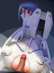  1girl anus ass back blue_hair bodysuit censored cockpit crotchless_clothes darling_in_the_franxx from_behind ginhaha green_eyes hetero ichigo_(darling_in_the_franxx) imminent_sex looking_at_viewer looking_back mosaic_censoring penis pilot_suit pussy short_hair sweatdrop white_bodysuit 