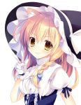  :d animal_ears black_hat blonde_hair blue_ribbon braid breasts brown_eyes cat_ears center_frills commentary_request eyebrows_visible_through_hair frills gloves grin hair_ribbon hat highres kemonomimi_mode kirisame_marisa licoco long_hair looking_at_viewer open_mouth puffy_short_sleeves puffy_sleeves ribbon shiny shiny_hair short_sleeves simple_background small_breasts smile solo tareme teeth touhou underbust upper_body v v-shaped_eyebrows white_background white_gloves witch_hat 