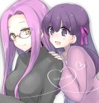  :d breasts fate/stay_night fate_(series) glasses hair_ribbon hand_on_another's_shoulder heart large_breasts long_hair lowres matou_sakura mikaze multiple_girls open_mouth purple_eyes purple_hair ribbon rider side_ribbon signature smile sweater turtleneck turtleneck_sweater yellow_eyes 