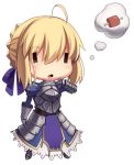  ahoge armor armored_dress artoria_pendragon_(all) blonde_hair blue_ribbon blush boa_(brianoa) boned_meat boots braid breastplate chibi drooling eyebrows_visible_through_hair fate/stay_night fate_(series) faulds food full_body gauntlets hair_between_eyes hair_bun hair_ribbon highres hungry imagining juliet_sleeves legs_apart long_sleeves looking_at_viewer meat open_mouth plate_armor puffy_sleeves ribbon saber short_hair solo thought_bubble transparent_background ||_|| 