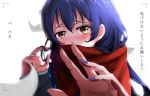 absurdres bangs blue_hair blush close-up commentary_request covered_mouth eyebrows_visible_through_hair hair_between_eyes hair_twirling highres long_hair long_sleeves looking_at_viewer love_live! love_live!_school_idol_festival love_live!_school_idol_project nail_polish scarf scarf_over_mouth simple_background solo sonoda_umi striped striped_scarf text_focus translation_request winter_clothes xinshijie_de_akalin yellow_eyes 