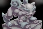  2018 anthro cat claws digital_drawing_(artwork) digital_media_(artwork) feline kinakomochi_199 komasan male mammal nude open_mouth penis precum sculpture simple_background solo statue tongue video_games yo-kai_watch youkai 