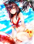  bare_shoulders bikini black_hair blush breasts cleavage commentary_request floral_print frown hair_ornament innertube kantai_collection looking_at_viewer medium_breasts partially_submerged red_eyes sarong short_hair sitting solo striped striped_bikini swimsuit tree water yamashiro_(kantai_collection) yuri_chikao 