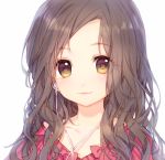  bad_id bad_pixiv_id bow brown_hair cable closed_mouth collarbone earphones face forehead lips long_hair looking_at_viewer lowres original pf pink_bow simple_background smile solo tareme upper_body wavy_hair white_background yellow_eyes 