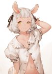  animal_ears black_ribbon commentary hair_ribbon hand_behind_head highres junwool looking_at_viewer navel open_clothes open_shirt original partially_unbuttoned puffy_short_sleeves puffy_sleeves ribbon sheep_ears sheep_tail shirt short_hair short_sleeves simple_background solo stomach tail upper_body white_background white_hair white_shirt yellow_eyes 