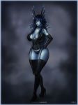  2017 absurd_res alien big_breasts blue_hair breasts clothed clothing collar digital_media_(artwork) female footwear glowing glowing_eyes grey_skin hair hi_res high_heels humanoid leather legwear looking_at_viewer not_furry shoes simple_background smile solo standing stockings thick_thighs vempire voluptuous wide_hips 