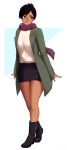  ankle_boots black_hair boots breasts commentary commission dark_skin facial_tattoo full_body green_eyes highres large_breasts long_coat looking_to_the_side lyndis mole original pencil_skirt razalor ribbed_sweater scar scarf simple_background skirt solo sweater tattoo winter_clothes 