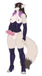  2018 animal_genitalia animal_penis anthro armwear balls black_hair bottomless breasts canine canine_penis clothed clothing corset dickgirl digital_media_(artwork) elbow_gloves erection fluffy fluffy_tail footwear fur gloves green_eyes hair hand_on_penis hi_res high_heels intersex kitsunewaffles-chan knot kyoko_komurasaki leather legwear lingerie looking_at_viewer mammal multicolored_hair nipples penis precum purple_hair sheath shoes simple_background smile smirk solo standing thigh_highs toes topless wolf 