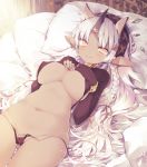  animal_ears ass_visible_through_thighs bangs bed bed_sheet bikini black_bikini black_gloves blush bracer braid breasts bright_pupils closed_mouth covered_nipples dark_skin earrings elbow_gloves extra_ears eyebrows_visible_through_hair glint gloves groin hair_ribbon horn_ornament horns jewelry large_breasts leaf long_hair looking_at_viewer lying micro_bikini nail_polish navel neck_ring on_back on_bed original partially_visible_vulva pillow pointy_ears red_nails red_ribbon ribbon shiny shiny_hair side-tie_bikini silver_hair slit_pupils smile solo stomach swimsuit thighs underboob untied untied_bikini very_long_hair yellow_eyes yuzuki_gao 