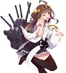  ;d ahoge bare_shoulders blush boots breasts brown_hair commentary detached_sleeves double_bun hairband headgear high_heel_boots high_heels japanese_clothes kantai_collection kongou_(kantai_collection) large_breasts long_hair looking_at_viewer lunch_(lunch3) nontraditional_miko one_eye_closed open_mouth ribbon-trimmed_sleeves ribbon_trim rigging simple_background skirt smile solo thigh_boots thighhighs turret white_background 