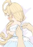  1girl adjusting_another's_clothes bare_shoulders blonde_hair blue_dress blush charlotta_fenia crown dress dressing dressing_another ear_blush from_behind from_side granblue_fantasy harvin holding holding_hair long_hair nose_blush out_of_frame pointy_ears pov pov_hands profile short_sleeves sketch solo_focus very_long_hair walkalone white_background 