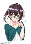  black_hair blouse blue-framed_eyewear brown_hair casual collarbone ebifurya glasses green_blouse green_eyes highres kantai_collection looking_at_viewer multicolored_hair okinami_(kantai_collection) pink_hair short_hair simple_background solo twitter_username upper_body white_background 