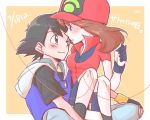  1boy 1girl blush brown_hair couple fingerless_gloves gloves haruka_(pokemon) hetero hood hoodie hoodie_vest looking_at_another mao no_hat no_headwear pokemon pokemon_(anime) satoshi_(pokemon) sitting sitting_on_lap sitting_on_person vest 