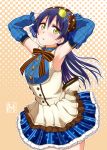  armpits arms_behind_head arms_up bangs blue_hair blush commentary_request cowboy_shot detached_sleeves eyebrows_visible_through_hair hair_between_eyes highres kyuusenbinore_(gavion) long_hair looking_at_viewer love_live! love_live!_school_idol_project open_mouth simple_background skirt smile solo sonoda_umi star yellow_eyes 