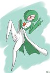  2016 absurd_res balls blush chest_spike erection gardevoir girly green_background green_skin hi_res humanoid looking_at_viewer male multicolored_skin neayix nervous nintendo nipples not_furry penis pok&eacute;mon pok&eacute;mon_(species) pseudo_clothing red_eyes signature simple_background solo two_tone_skin v_sign video_games white_background white_skin 