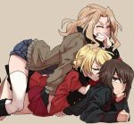  blonde_hair bomber_jacket boots braid brown_eyes brown_hair closed_eyes commentary_request darjeeling french_braid girls_und_panzer jacket kay_(girls_und_panzer) kuromorimine_military_uniform long_hair multiple_girls nishizumi_maho ree_(re-19) saunders_military_uniform short_hair st._gloriana's_military_uniform tan_background thighhighs white_legwear 