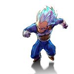 armor blue_eyes blue_hair boots clenched_hand dragon_ball dragon_ball_super dragon_ball_z fighting_stance frown gloves highres looking_away male_focus outstretched_arms serious shaded_face shadow short_hair simple_background solo spiked_hair super_saiyan_blue supobi vegeta white_background 