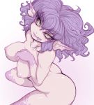  1girl ass breasts female glasgow_smile messy_hair monster_girl nipples noise nude original pointy_ears purple_hair slit_pupils solo stitches 