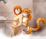  2018 anthro breasts covering covering_self daniels_(twokinds) duo ears_back featureless_breasts featureless_crotch feline female fur hair hand_on_shoulder hi_res human inside keidran licking licking_lips locker male mammal multicolored_fur nervous nude orange_fur red_hair seductive shower showering smile smirk steam striped_fur stripes therie_sah-van tiger tom_fischbach tongue tongue_out towel twokinds water wet white_fur yellow_eyes 