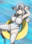  bangs bare_arms bare_shoulders bearded_seal_(kemono_friends) blush eyebrows_visible_through_hair fins grey_hair innertube kemono_friends long_hair multicolored_hair one-piece_swimsuit one_eye_closed solo swimsuit thighhighs user_rrrm2784 water_drop 