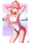  absurdres aqua_eyes armpits arms_behind_head breasts commentary darling_in_the_franxx fang hairband highres horns ichikawayan long_hair mountainous_horizon ocean open_mouth pink_hair ponytail sky small_breasts solo straight_hair swimsuit white_hairband zero_two_(darling_in_the_franxx) 
