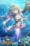  age_of_ishtaria bare_shoulders blue_eyes bracelet breasts bubble cleavage company_name copyright_name crown fish green_hair harp head_fins instrument jewelry kikugetsu long_hair low_twintails medium_breasts mermaid midriff monster_girl navel official_art open_mouth shell siren_(age_of_ishtaria) solo star tattoo twintails underwater 