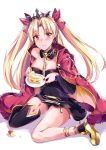 asymmetrical_legwear asymmetrical_sleeves bad_id bad_pixiv_id bangs bare_shoulders black_collar black_dress black_legwear blonde_hair bow breasts cake cape closed_mouth collarbone commentary_request crying crying_with_eyes_open detached_collar dress earrings ereshkigal_(fate/grand_order) eyebrows_visible_through_hair fate/grand_order fate_(series) food fur-trimmed_cape fur_trim hair_bow head_tilt highres holding holding_plate infinity jewelry konka long_hair long_sleeves medium_breasts parted_bangs plate red_bow red_cape red_eyes shoes single_sleeve single_thighhigh sitting skull slice_of_cake solo spine strapless strapless_dress tears thighhighs tiara two_side_up very_long_hair wariza white_background 