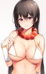  arm_at_side bare_shoulders bead_necklace beads bikini_top black_hair borushichi breasts bridal_gauntlets cleavage covered_nipples earrings eyebrows_visible_through_hair fate/grand_order fate_(series) grey_background hair_between_eyes hand_up highres hoop_earrings jewelry large_breasts long_hair looking_at_viewer necklace parted_lips prayer_beads purple_eyes shiny shiny_hair shiny_skin sidelocks simple_background smile solo straight_hair strap_gap strap_lift string_bikini upper_body white_bikini_top xuanzang_(fate/grand_order) 