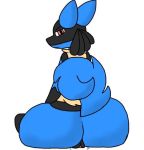  2018 angry anthro big_butt blue_fur butt canine curled_tail digital_media_(artwork) eares female fluffy fur huge_butt invalid_color invalid_tag looking_at_viewer lucario mammal nintendo nude pok&eacute;mon pok&eacute;mon_(species) pussy red_eyes simple_background sitting traashmann video_games wet yellow_fur 