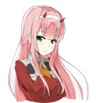  arms_at_sides bangs blush closed_mouth commentary darling_in_the_franxx eyebrows_visible_through_hair green_eyes horns jacket kohakope long_hair looking_at_viewer military military_uniform necktie orange_neckwear pink_hair red_jacket short_necktie simple_background smile solo uniform very_long_hair white_background zero_two_(darling_in_the_franxx) 