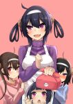  :d ahoge apron ashisi azur_lane bangs black_hair blush brown_hair chestnut_mouth eyebrows_visible_through_hair fang furoshiki hair_between_eyes hair_rings hairband highres if_they_mated jewelry long_hair long_sleeves looking_at_viewer mother_and_daughter multiple_girls ning_hai_(azur_lane) nose_blush obentou open_mouth ping_hai_(azur_lane) pink_background purple_eyes purple_sweater red_eyes ribbed_sweater ring smile sweater turtleneck turtleneck_sweater twintails wedding_band white_hairband wrapped_obentou 