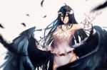  albedo black_hair black_wings breasts demon_girl demon_horns demon_wings dress elbow_gloves gloves green_eyes hair_between_eyes highres hips horns large_breasts long_hair looking_at_viewer overlord_(maruyama) routing-zhengyi simple_background smile solo thighhighs white_background white_dress white_gloves wings 