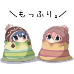  beanie blanket blanket_hug blue_eyes blue_hair blush chibi eyebrows_visible_through_hair hair_between_eyes hat kagamihara_nadeshiko multiple_girls pink_hair purple_eyes shadow shima_rin translation_request twumi white_background yurucamp 