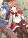  1girl arm_hug bangs black_bow black_footwear black_gloves black_legwear blue_shirt blush boots bow breasts brown_hair brown_pants cape clarisse_(granblue_fantasy) commentary couch elbow_gloves eyebrows_visible_through_hair gauntlets gloves gran_(granblue_fantasy) granblue_fantasy green_eyes hair_bow hood hood_down long_sleeves medium_breasts on_couch pants pantyhose parted_lips red_cape red_skirt ribbed_shirt shirt short_hair sidelocks sitting skirt solo_focus thighband_pantyhose tsukino_neru white_shirt 