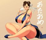  1girl alternate_costume artist_request bare_legs bare_shoulders bracelet breasts capcom china_dress chinese_clothes chinese_food chun-li cleavage curvy double_bun dress female food huge_breasts long_hair looking_at_viewer no_bra pelvic_curtain revealing_clothes shiny sitting solo spikes street_fighter tenji thick_thighs thighs thong 