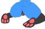  2018 anthro big_butt blue_fur butt canine curled_tail digital_media_(artwork) dog feet female fluffy fluffy_tail fur huge_butt invalid_tag kneeling lucario mammal nintendo nude pawpads pok&eacute;mon pok&eacute;mon_(species) presenting pussy simple_background thick_thighs toes traashmann video_games yellow_fur 