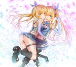  :&lt; :d arm_up armpits ass bangs bare_shoulders black_legwear black_ribbon black_skirt blonde_hair blue_eyes blue_flower blue_gloves blue_ribbon blue_rose blue_shirt blue_skirt blush bow breasts brown_footwear cleavage closed_mouth collarbone collared_shirt commentary_request crop_top dual_persona elbow_gloves eyebrows_visible_through_hair floating_hair flower gloves glowing_petals hair_between_eyes hair_bow hair_tie highres kneehighs leg_up light_particles long_hair looking_at_viewer maze_yuri medium_breasts microskirt midriff miniskirt mirai_akari mirai_akari_project multiple_girls navel neck_ribbon open_mouth outstretched_hand petals pleated_skirt ribbon rose round_teeth shiny shiny_hair shirt shoe_ribbon shoes shoulder_blades side_ponytail sidelocks single_thighhigh skirt smile suspender_skirt suspenders teeth thigh_strap thighhighs thong v-shaped_eyebrows very_long_hair virtual_youtuber white_background 